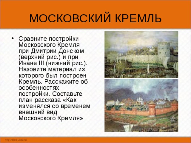 Рассмотри репродукцию картин сравни москву при дмитрии донском и иване 3 запиши основные различия