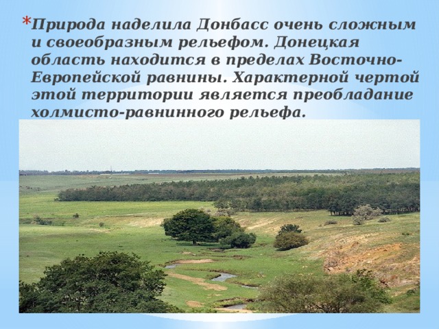 Природа наделила Донбасс очень сложным и своеобразным рельефом. Донецкая область находится в пределах Восточно-Европейской равнины. Характерной чертой этой территории является преобладание холмисто-равнинного рельефа. 
