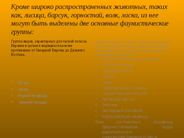 Кроме широко распространенных животных, таких как, лисица, барсук, горностай, волк, ласка, из нее могут быть выделены две основные фаунистические группы: Группа видов, характерных для лесной полосы Евразии в целом и водящихся на всем протяжении от Западной Европы до Дальнего Востока . Группа видов, либо строго ограниченных в своем распространении областью широколиственных лесов европейского типа, либо лишь несколько выходящих за ее пределы. европейская лесная кошка лесная куница черный хорек Норка зубр благородный олень европейская косуля Зеленый дятел Зяблик западный соловей европейскую квакшу. Они составляют основное фаунистичеекое ядро европейского широколиственного леса. Белка рысь бурый медведь многие птицы 