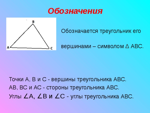 Обозначения  Обозначается треугольник его  вершинами – символом Δ АВС. Точки А, В и С - вершины треугольника АВС. АВ, ВС и АС - стороны треугольника АВС. Углы ∠А, ∠В и ∠С - углы треугольника АВС. 