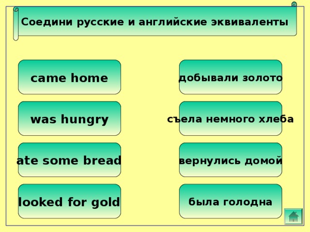 Соедини русские и английские эквиваленты добывали золото came home was hungry съела немного хлеба ate some bread вернулись домой looked for gold была голодна 