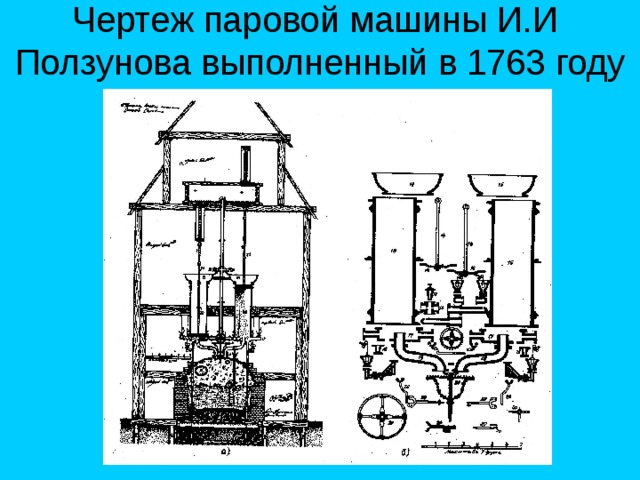Чертеж паровой машины И.И Ползунова выполненный в 1763 году 