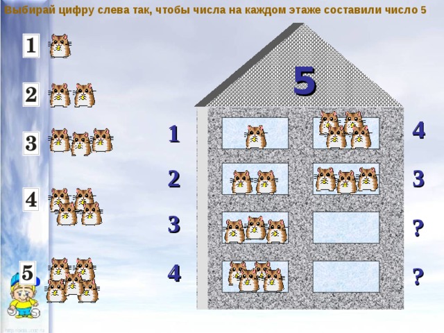 Выбирай цифру слева так, чтобы числа на каждом этаже составили число 5 5 4 1 2 3 3 ? 4 ? 