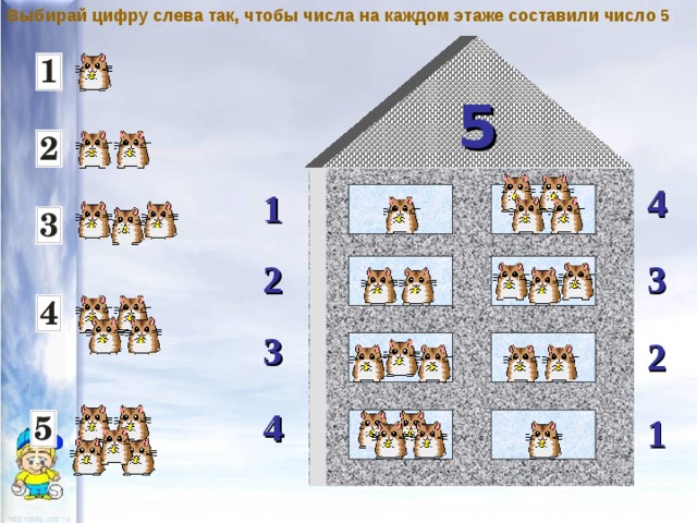 Выбирай цифру слева так, чтобы числа на каждом этаже составили число 5 5 4 1 3 2 3 2 4 1 