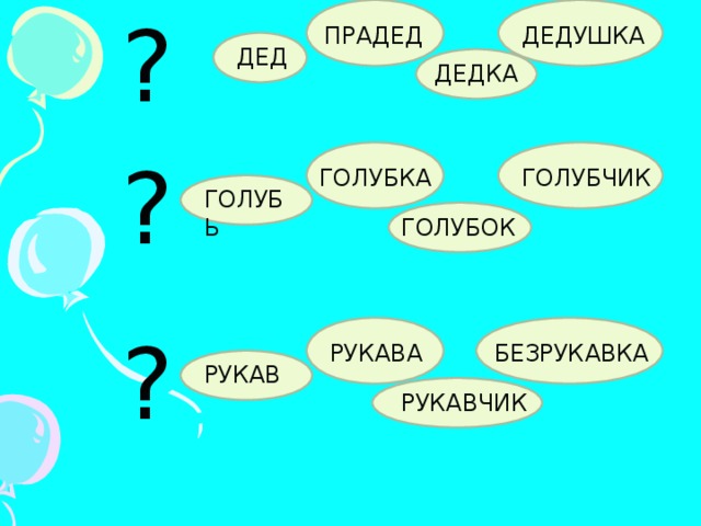 ? ПРАДЕД ДЕДУШКА ДЕД ДЕДКА ? ГОЛУБЧИК ГОЛУБКА ГОЛУБЬ ГОЛУБОК ? БЕЗРУКАВКА РУКАВА РУКАВ РУКАВЧИК 