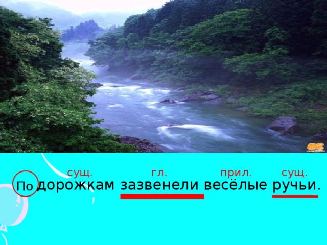 сущ. прил. сущ. гл.  дорожкам зазвенели весёлые ручьи. По 