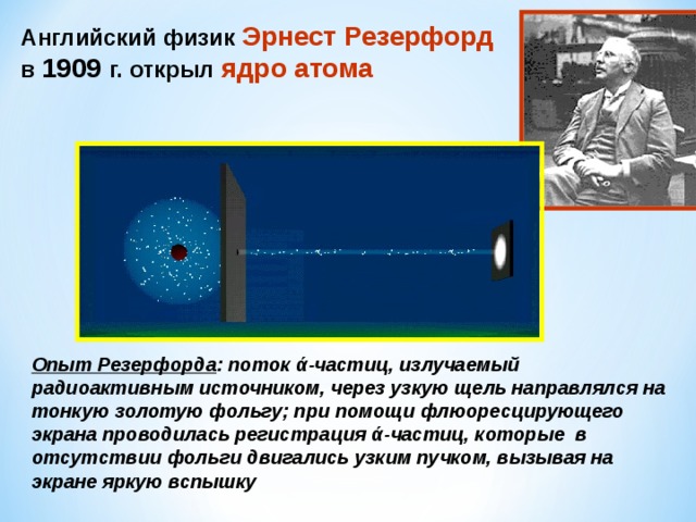 Английский физик Эрнест Резерфорд в 1909 г. открыл ядро атома Опыт Резерфорда : поток ά -частиц, излучаемый радиоактивным источником, через узкую щель направлялся на тонкую золотую фольгу; при помощи флюоресцирующего экрана проводилась регистрация ά -частиц, которые в отсутствии фольги двигались узким пучком, вызывая на экране яркую вспышку 