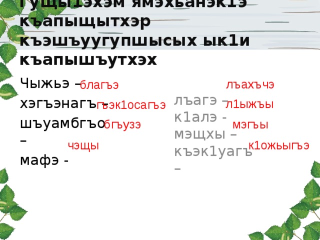 Гущы1эхэм ямэхьанэк1э  къапыщытхэр къэшъуугупшысых ык1и къапышъутхэх Чыжьэ – лъагэ – хэгъэнагъ – к1алэ - мэщхы – шъуамбгъо – къэк1уагъ – мафэ - лъахъчэ благъэ л1ыжъы гъэк1осагъэ бгъузэ мэгъы чэщы к1ожьыгъэ 