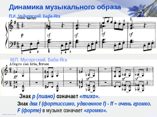 Динамика музыкального образа П.И. Чайковский. Баба-Яга М.П. Мусоргский. Баба-Яга Знак p  (пиано) означает «тихо». Знак два f (фортиссимо, удвоенное f) - ff – очень громко. F (форте)  в музыке означает «громко».