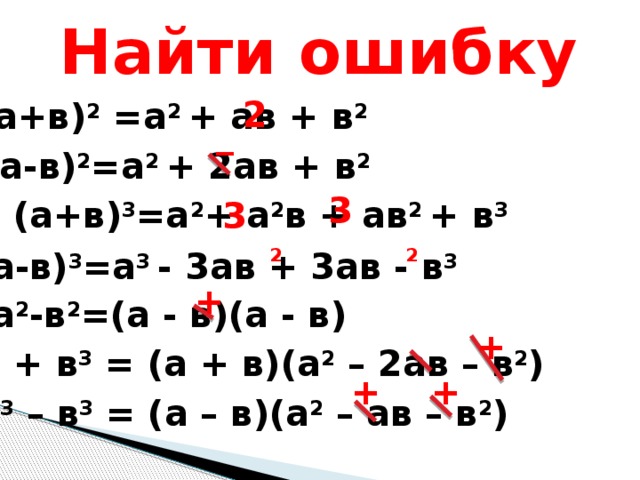 Найти ошибку 2 (а+в) 2  =а 2 + ав + в 2 _ (а-в) 2 =а 2 + 2ав + в 2 3 (а+в) 3 =а 2 + а 2 в + ав 2 + в 3 3 2 2 (а-в) 3 =а 3 - 3ав + 3ав - в 3 + а 2 -в 2 =(а - в)(а - в) + а 3 + в 3 = (а + в)(а 2 – 2ав – в 2 ) + + а 3 – в 3 = (а – в)(а 2 – ав – в 2 ) 