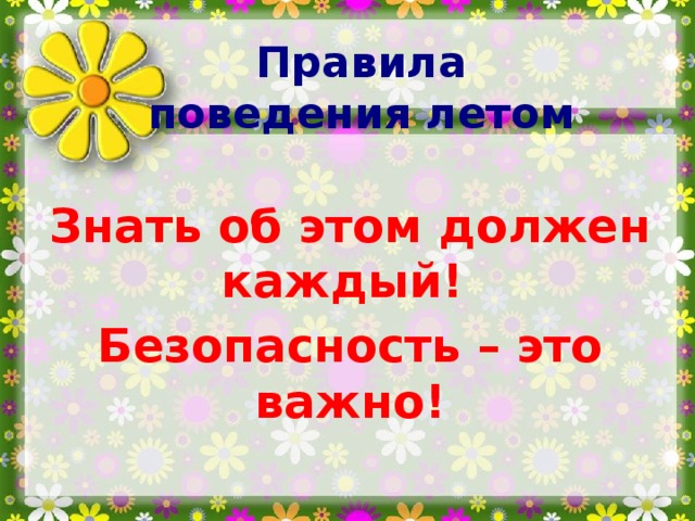 Правила поведения летом Скоро лето, всем известно, Но запомнить всем полезно правил несколько, друзья, А точней, что делать можно, а чего совсем нельзя. Как вести себя в природе, у воды и во дворе- Наши правила простые всё расскажут детворе. 