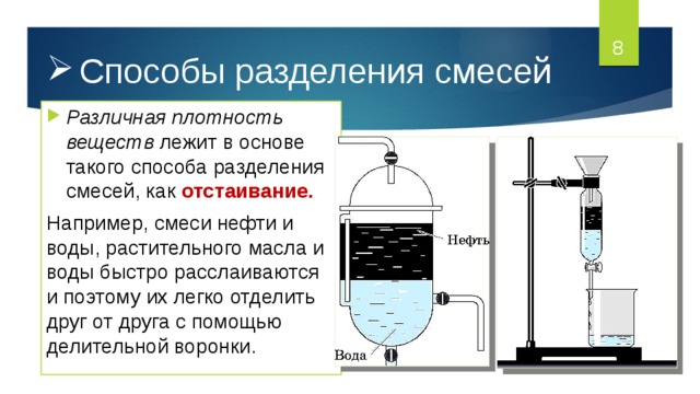 Дистилляцией можно разделить смеси. Методы разделения смесей отстаивание. Нефть и вода способ разделения.