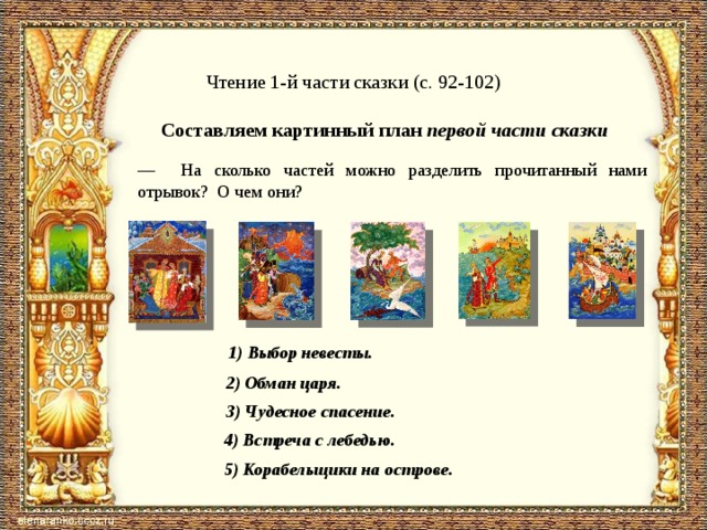 Чтение 1-й части сказки (с. 92-102) Составляем картинный план первой части сказки — На сколько частей можно разделить прочитанный нами отрывок? О чем они? 1) Выбор невесты. 2) Обман царя. 3) Чудесное спасение. 4) Встреча с лебедью. 5) Корабельщики на острове. 