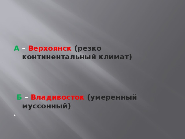 А – Верхоянск  (резко континентальный климат)    Б – Владивосток  (умеренный муссонный)   