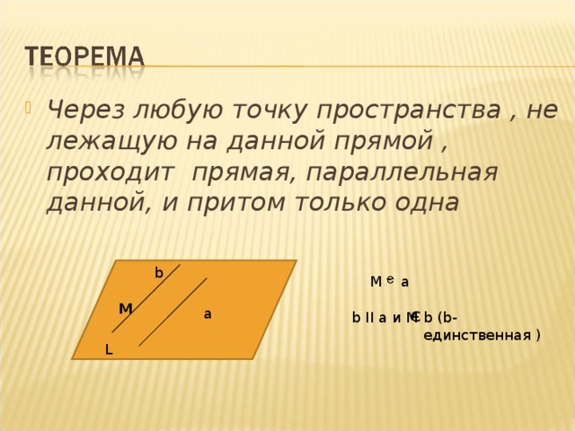Через точку не лежащую на данной прямой проходит только одна прямая параллельная данной рисунок