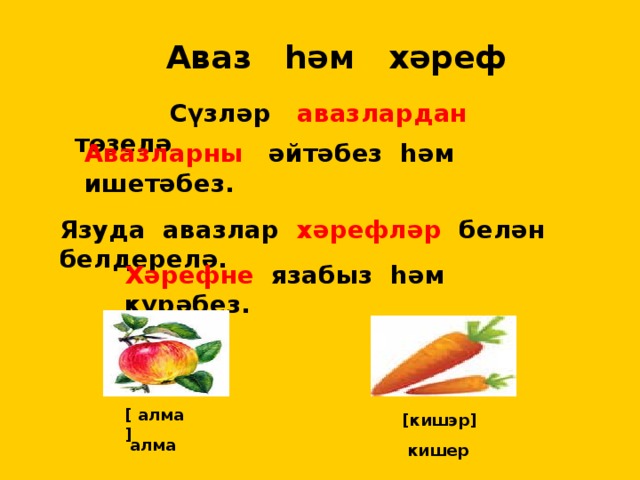  Аваз һәм хәреф  Сүзләр авазлардан төзелә Авазларны әйтәбез һәм ишетәбез. Язуда авазлар хәрефләр белән белдерелә.  Хәрефне язабыз һәм күрәбез.    [ алма] [кишэр] алма кишер 