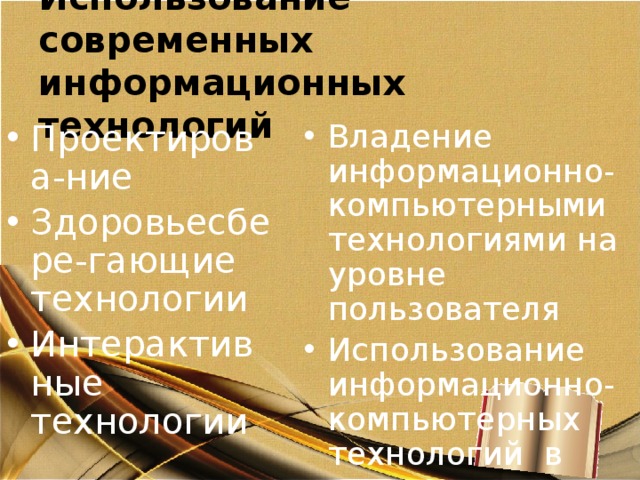 Использование современных информационных технологий Проектирова-ние Здоровьесбере-гающие технологии Интерактивные технологии Владение информационно- компьютерными технологиями на уровне пользователя Использование информационно- компьютерных технологий в процессе воспитания 