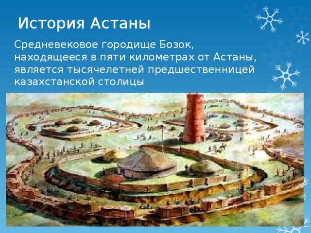История Астаны Средневековое городище Бозок, находящееся в пяти километрах от Астаны, является тысячелетней предшественницей казахстанской столицы 