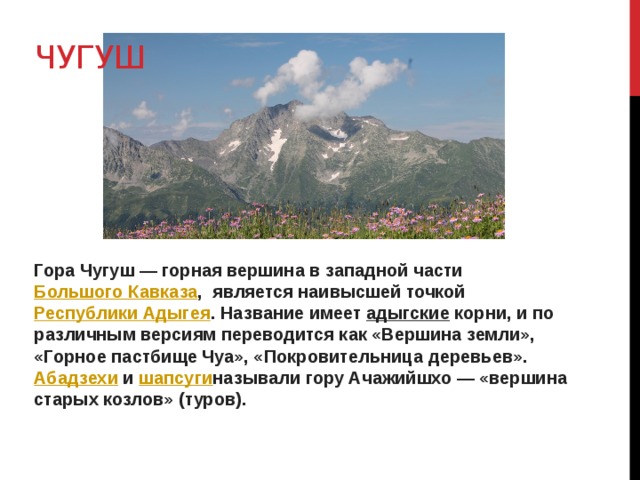Чугуш Гора Чугуш — горная вершина в западной части  Большого Кавказа , является наивысшей точкой  Республики Адыгея . Название имеет  адыгские  корни, и по различным версиям переводится как «Вершина земли», «Горное пастбище Чуа», «Покровительница деревьев».  Абадзехи  и  шапсуги называли гору Ачажийшхо — «вершина старых козлов» (туров). 