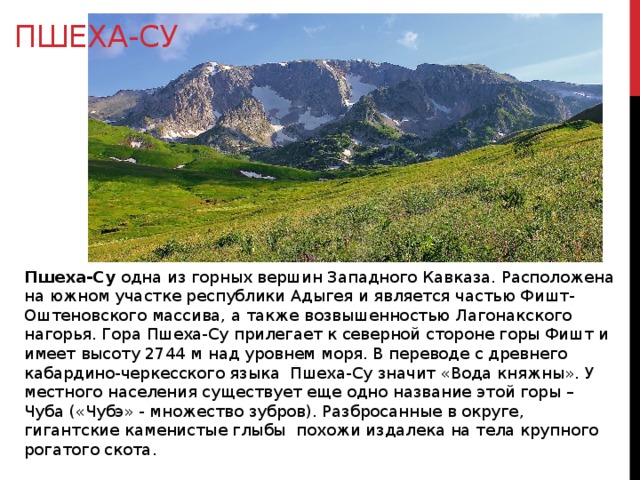 Пшеха-Су  Пшеха-Су одна из горных вершин Западного Кавказа. Расположена на южном участке республики Адыгея и является частью Фишт-Оштеновского массива, а также возвышенностью Лагонакского нагорья. Гора Пшеха-Су прилегает к северной стороне горы Фишт и имеет высоту 2744 м над уровнем моря. В переводе с древнего кабардино-черкесского языка Пшеха-Су значит «Вода княжны». У местного населения существует еще одно название этой горы – Чуба («Чубэ» - множество зубров). Разбросанные в округе, гигантские каменистые глыбы похожи издалека на тела крупного рогатого скота. 