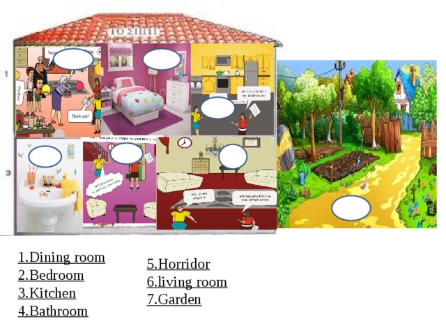 1.Dining room 2.Bedroom 3.Kitchen 4.Bathroom   5.Horridor 6.living room 7.Garden 