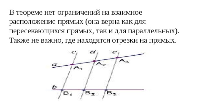 В теореме нет ограничений на взаимное расположение прямых (она верна как для пересекающихся прямых, так и для параллельных). Также не важно, где находятся отрезки на прямых. 