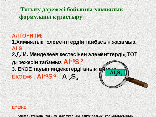 тұрақты H,K,Zn ауыспалы Cl,P,Se Тотығу дәрежесі оң Na,Al,Ca теріс S -2 ,N -3 ,O -2 жай заттардың т.д. Fe 0 ,Cl 2 0 ,H 2 0  