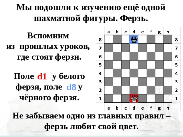 Мы подошли к изучению ещё одной шахматной фигуры. Ферзь. Вспомним из прошлых уроков, где стоят ферзи. Поле d 1 у белого ферзя, поле d8 у чёрного ферзя. d1 d8 Не забываем одно из главных правил – ферзь любит свой цвет. 