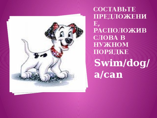 СОСТАВЬТЕ ПРЕДЛОЖЕНИЕ, РАСПОЛОЖИВ СЛОВА В НУЖНОМ ПОРЯДКЕ Swim/dog/a/can 