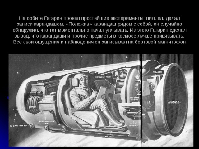 На орбите Гагарин провел простейшие эксперименты: пил, ел, делал записи карандашом. «Положив» карандаш рядом с собой, он случайно обнаружил, что тот моментально начал уплывать. Из этого Гагарин сделал вывод, что карандаши и прочие предметы в космосе лучше привязывать. Все свои ощущения и наблюдения он записывал на бортовой магнитофон 
