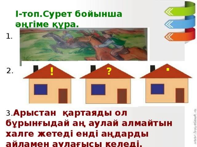 I-топ.Сурет бойынша әңгіме құра. 1. . ! ? 2. 3. Арыстан қартаяды ол бұрынғыдай аң аулай алмайтын халге жетеді енді аңдарды айламен аулағысы келеді. 