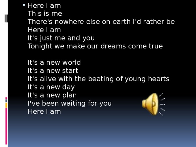 Here I am  This is me  There's nowhere else on earth I'd rather be  Here I am  It's just me and you  Tonight we make our dreams come true   It's a new world  It's a new start  It's alive with the beating of young hearts  It's a new day  It's a new plan  I've been waiting for you  Here I am      