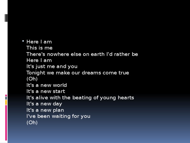 Here I am  This is me  There's nowhere else on earth I'd rather be  Here I am  It's just me and you  Tonight we make our dreams come true  (Oh)  It's a new world  It's a new start  It's alive with the beating of young hearts  It's a new day  It's a new plan  I've been waiting for you  (Oh)   