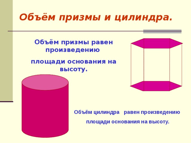Объём призмы и цилиндра. Объём призмы равен произведению площади основания на высоту. Объём цилиндра равен произведению  площади основания на высоту. 
