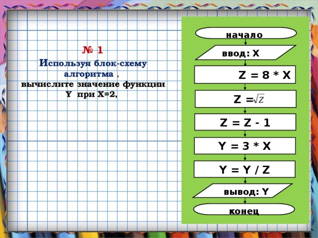 начало № 1  И спользуя блок-схему алгоритма ,  вычислите значение функции Y при X=2, ввод: X  Z = 8 * X Z = Z = Z - 1 Y = 3 * X Y = Y / Z вывод: Y конец