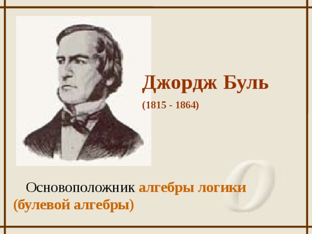 Джордж Буль (1815 - 1864) Основоположник алгебры логики (булевой алгебры)