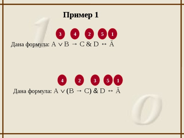 Пример 1 4 5 3 2 1 Дана формула: А  В → С & D ↔ Ā 1 2 3 4 5 Дана формула: А  (В → С) & D ↔ Ā
