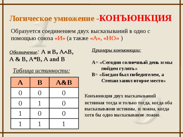 2 определите истинность высказывания. Логическое умножение. Конъюнкция примеры. Дизъюнкция в информатике примеры. Конъюнкция высказываний.