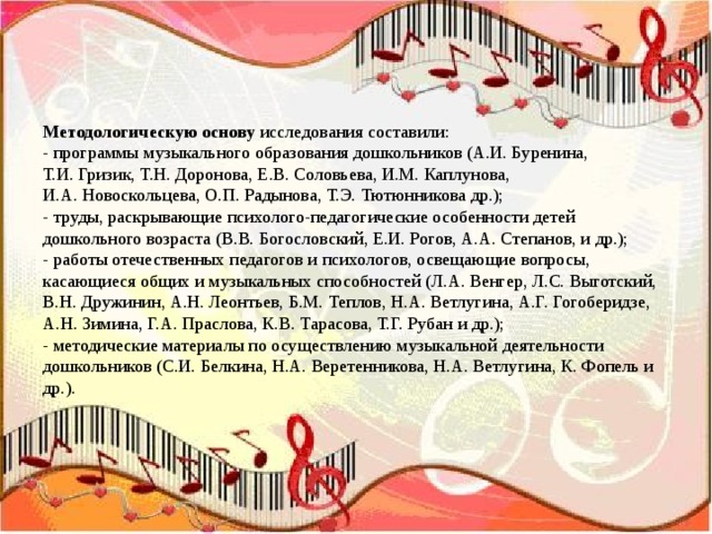                     Методологическую основу исследования составили:  - программы музыкального образования дошкольников (А.И. Буренина, Т.И. Гризик, Т.Н. Доронова, Е.В. Соловьева, И.М. Каплунова, И.А. Новоскольцева, О.П. Радынова, Т.Э. Тютюнникова др.);  - труды, раскрывающие психолого-педагогические особенности детей дошкольного возраста (В.В. Богословский, Е.И. Рогов, А.А. Степанов, и др.);  - работы отечественных педагогов и психологов, освещающие вопросы, касающиеся общих и музыкальных способностей (Л.А. Венгер, Л.С. Выготский, В.Н. Дружинин, А.Н. Леонтьев, Б.М. Теплов, Н.А. Ветлугина, А.Г. Гогоберидзе, А.Н. Зимина, Г.А. Праслова, К.В. Тарасова, Т.Г. Рубан и др.);  - методические материалы по осуществлению музыкальной деятельности дошкольников (С.И. Белкина, Н.А. Веретенникова, Н.А. Ветлугина, К. Фопель и др.).   