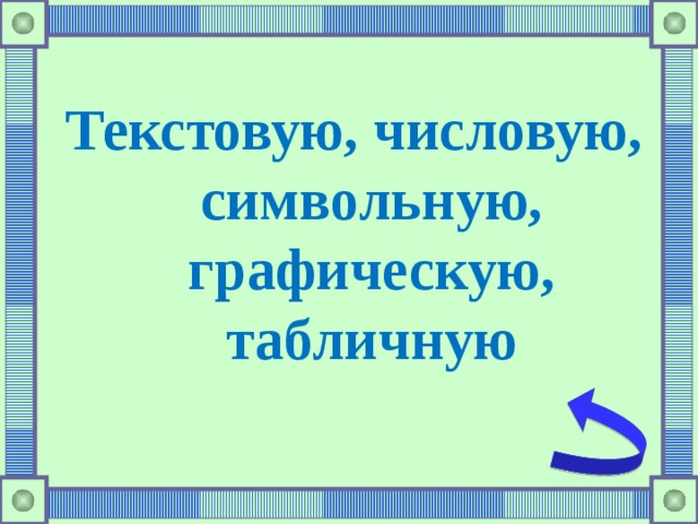 Текстовую, числовую, символьную, графическую, табличную 
