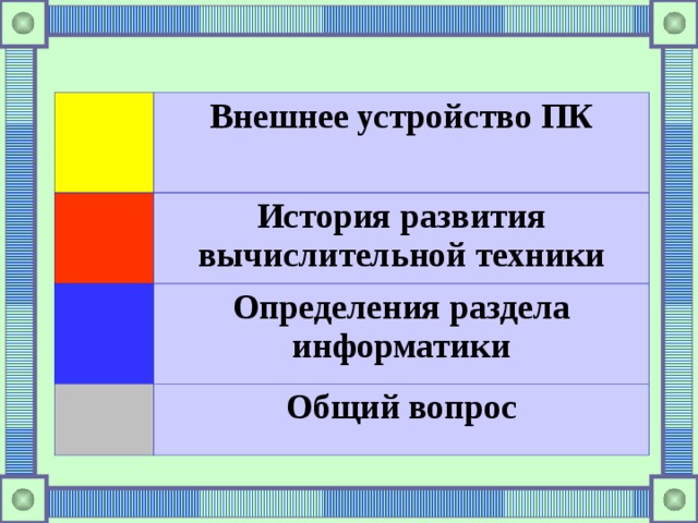 Внешнее устройство ПК История развития вычислительной техники Определения раздела информатики Общий вопрос 