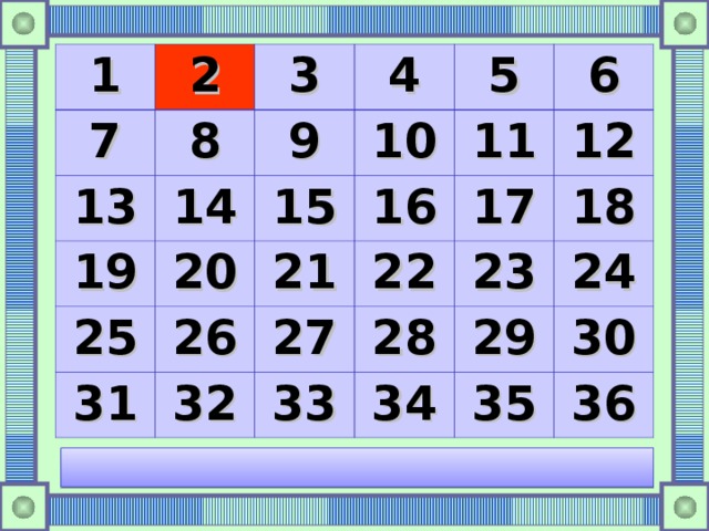 1 2 7 8 3 13 14 19 4 9 10 5 15 25 20 11 26 16 31 21 6 32 27 22 17 12 33 23 28 18 29 34 24 35 30 36 