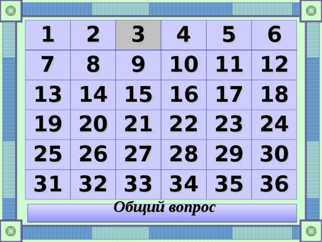 1 2 7 13 3 8 4 9 19 14 25 15 20 10 5 26 11 16 21 31 6 17 32 22 27 12 28 23 33 18 29 34 24 35 30 36 Общий вопрос 