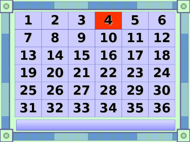 1 2 7 8 3 13 14 19 4 9 10 5 15 25 20 11 26 16 31 21 6 32 27 22 17 12 33 23 28 18 29 34 24 35 30 36 