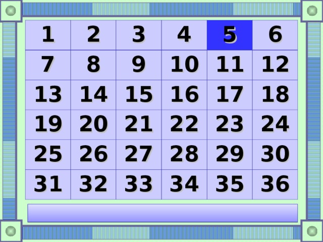 1 2 7 8 3 13 14 19 4 9 10 5 15 25 20 11 26 16 31 21 6 32 27 22 17 12 33 23 28 18 29 34 24 35 30 36 