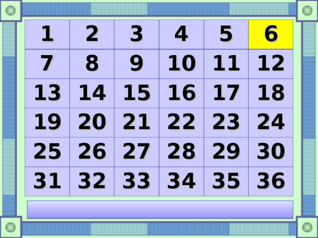 1 2 7 8 3 13 14 19 4 9 10 5 15 25 20 11 26 16 31 21 6 32 27 22 17 12 33 23 28 18 29 34 24 35 30 36 