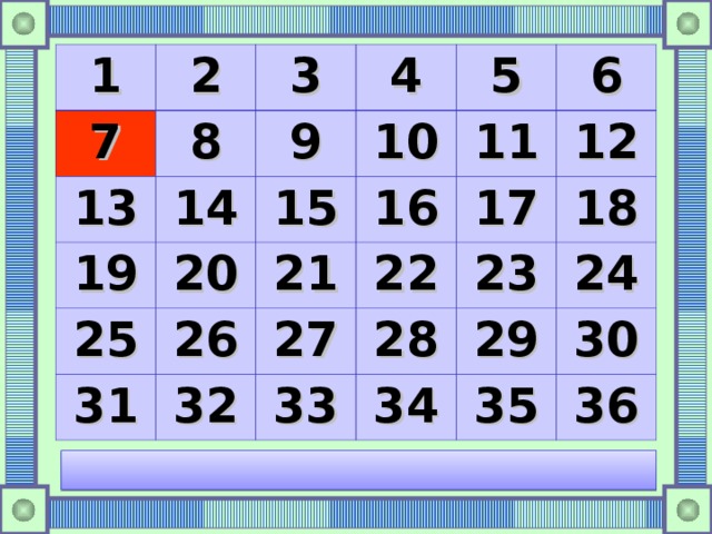 1 2 7 8 3 13 14 19 4 9 10 5 15 25 20 11 26 16 31 21 6 32 27 22 17 12 33 23 28 18 29 34 24 35 30 36 