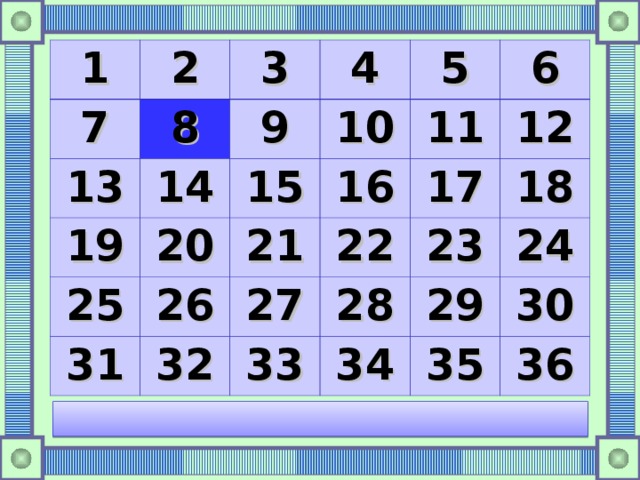 1 2 7 8 3 13 14 19 4 9 10 5 15 25 20 11 26 16 31 21 6 32 27 22 17 12 33 23 28 18 29 34 24 35 30 36 