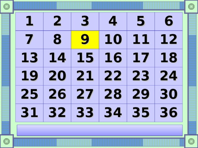 1 2 7 8 3 13 14 19 4 9 10 5 15 25 20 11 26 16 31 21 6 32 27 22 17 12 33 23 28 18 29 34 24 35 30 36 