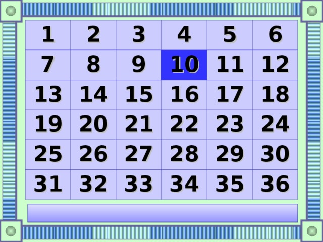 1 2 7 8 3 13 14 19 4 9 10 5 15 25 20 11 26 16 31 21 6 32 27 22 17 12 33 23 28 18 29 34 24 35 30 36 